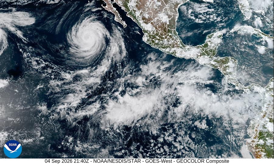 GOES-West · Eastern Pacific GeoColor — Eastern Pacific sector · daylight true colour / night multispectral IR